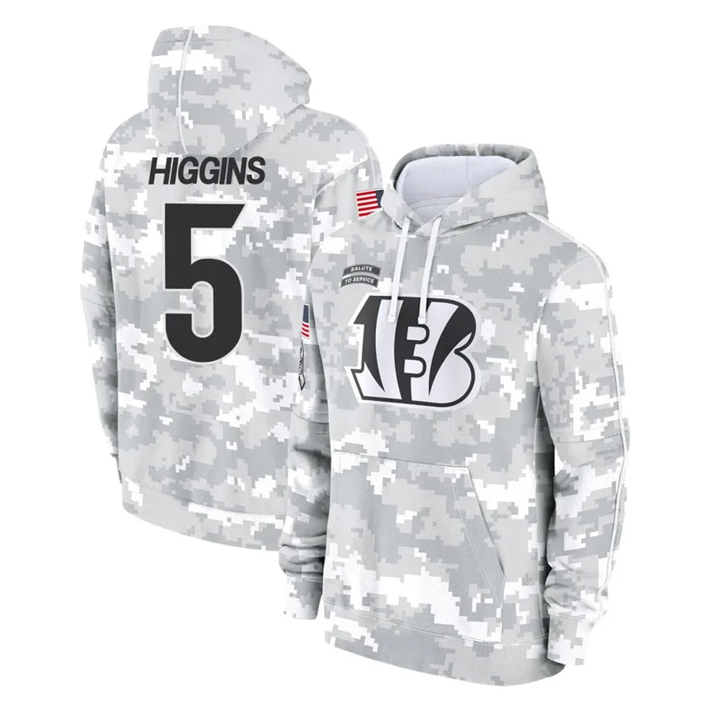 tocy C.Bengals #5 Tee Higgins Player Arctic Camo Salute to Service Pullover Hoodie Limited Stitched Jerseys