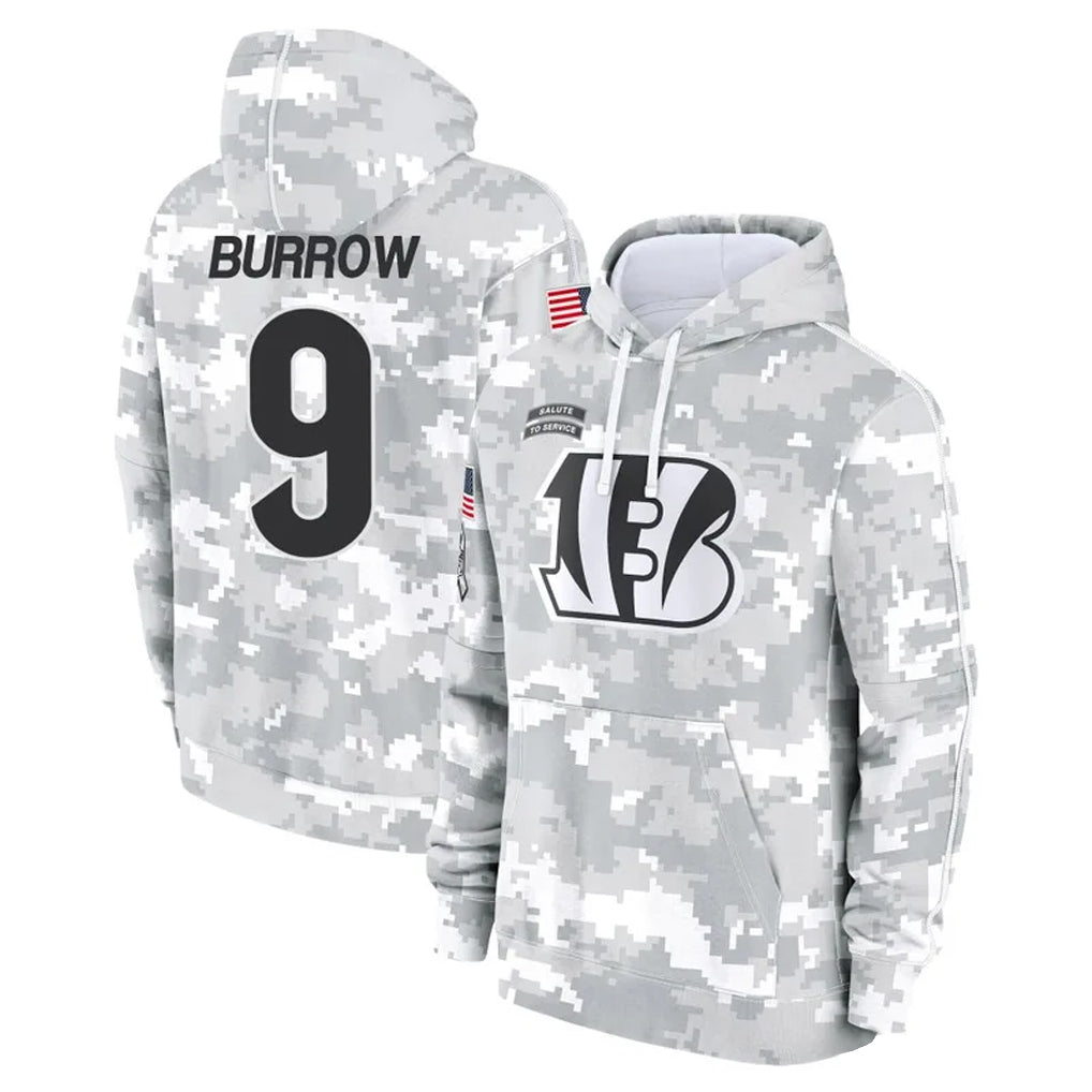 tocy C.Bengals #9 Joe Burrow Player Arctic Camo Salute to Service Pullover Hoodie Stitched Jerseys