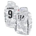 tocy C.Bengals #9 Joe Burrow Player Arctic Camo Salute to Service Pullover Hoodie Stitched Jerseys