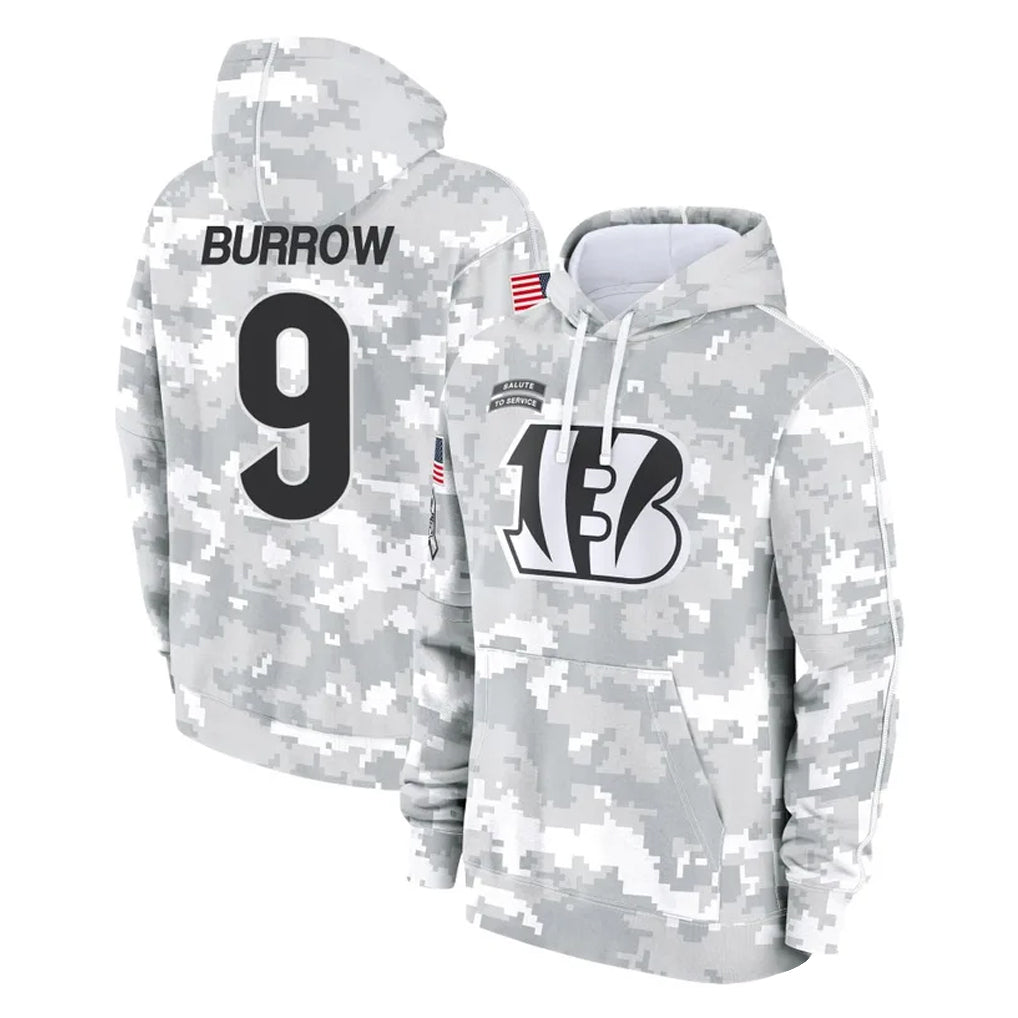 tocy C.Bengals #9 Joe Burrow Player Arctic Camo Salute to Service Pullover Hoodie Limited Stitched Jerseys