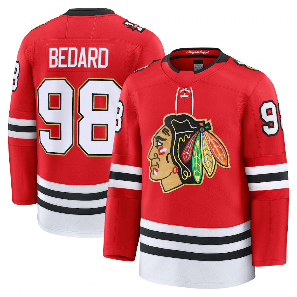 Tocy C.Blackhawks #98 Connor Bedard Red Centennial Premium Player Jerseys