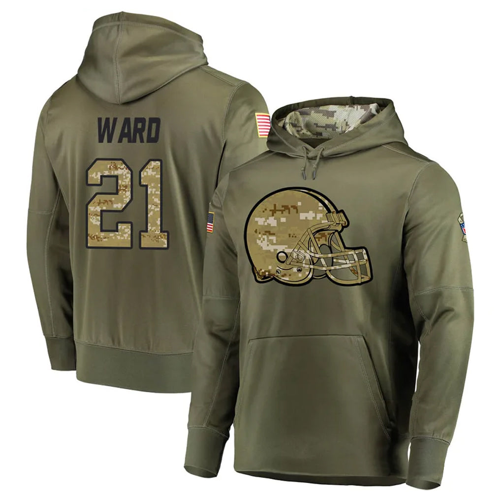 tocy C.Browns #21 Denzel Ward Player Olive Salute to Service Pullover Hoodies Home Game Stitched Jerseys