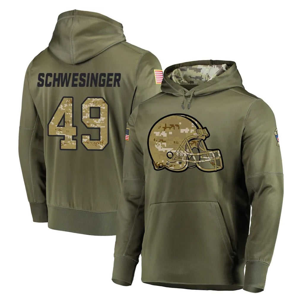 tocy C.Browns #49 Carson Schwesinger Player Olive Salute to Service Pullover Hoodies Home Game Stitched Jerseys