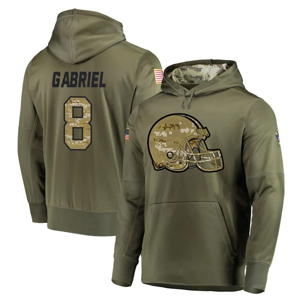 tocy C.Browns #8 Dillon Gabriel Player Olive Salute to Service Pullover Hoodies Home Game Stitched Jerseys