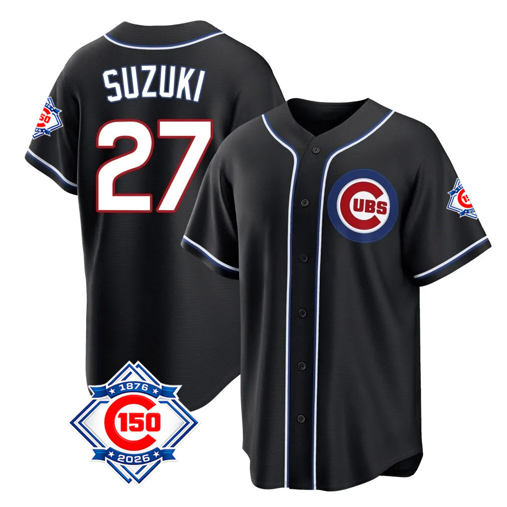 tocy C.Cubs #27 Seiya Suzuki Player Black Fashion Out 150th Anniversary Game Stitched Jerseys