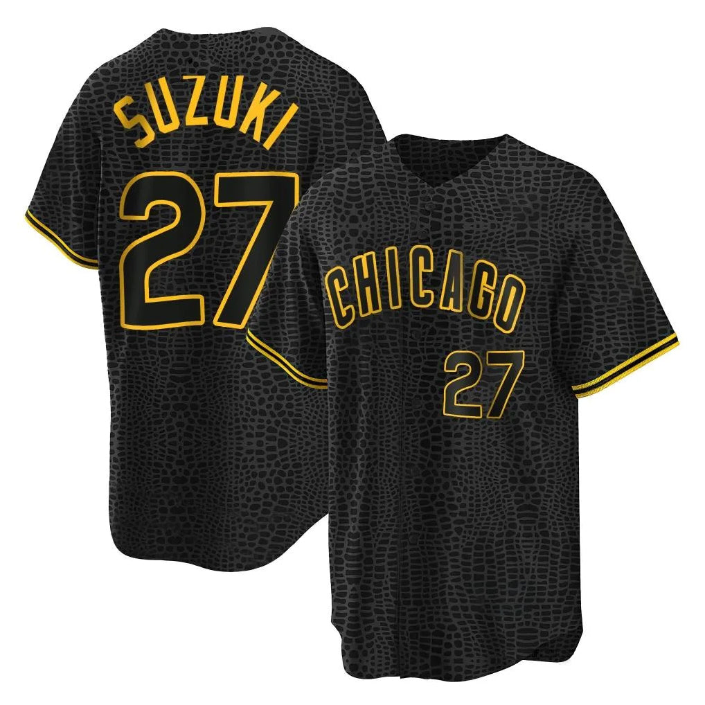 tocy C.Cubs #27 Seiya Suzuki Player Black Snake Skin City Game Stitched Jerseys