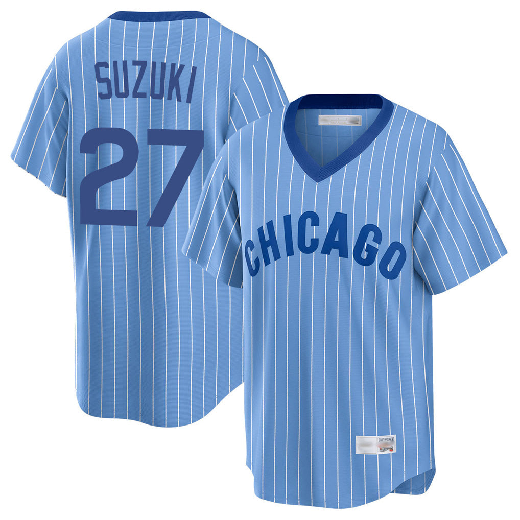 tocy C.Cubs #27 Seiya Suzuki Player Blue T-shirt Cooperstown Collection Limited Stitched Jerseys