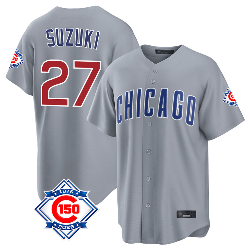 tocy C.Cubs #27 Seiya Suzuki Player Gray 150th Anniversary Home Game Stitched Jerseys