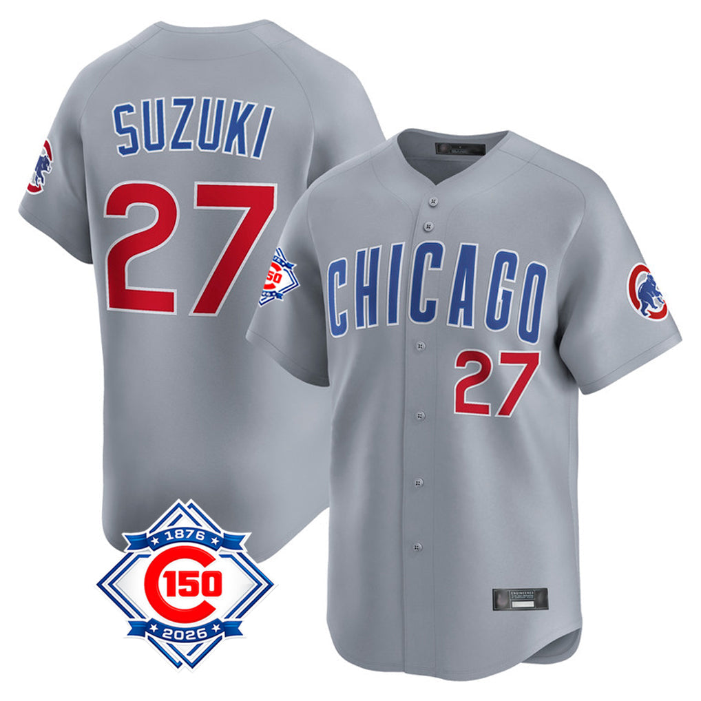 tocy C.Cubs #27 Seiya Suzuki Player Gray Road 150th Anniversary Limited Home Stitched Jerseys