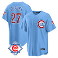 tocy C.Cubs #27 Seiya Suzuki Player Light Blue 150th Anniversary Home Game Stitched Jerseys