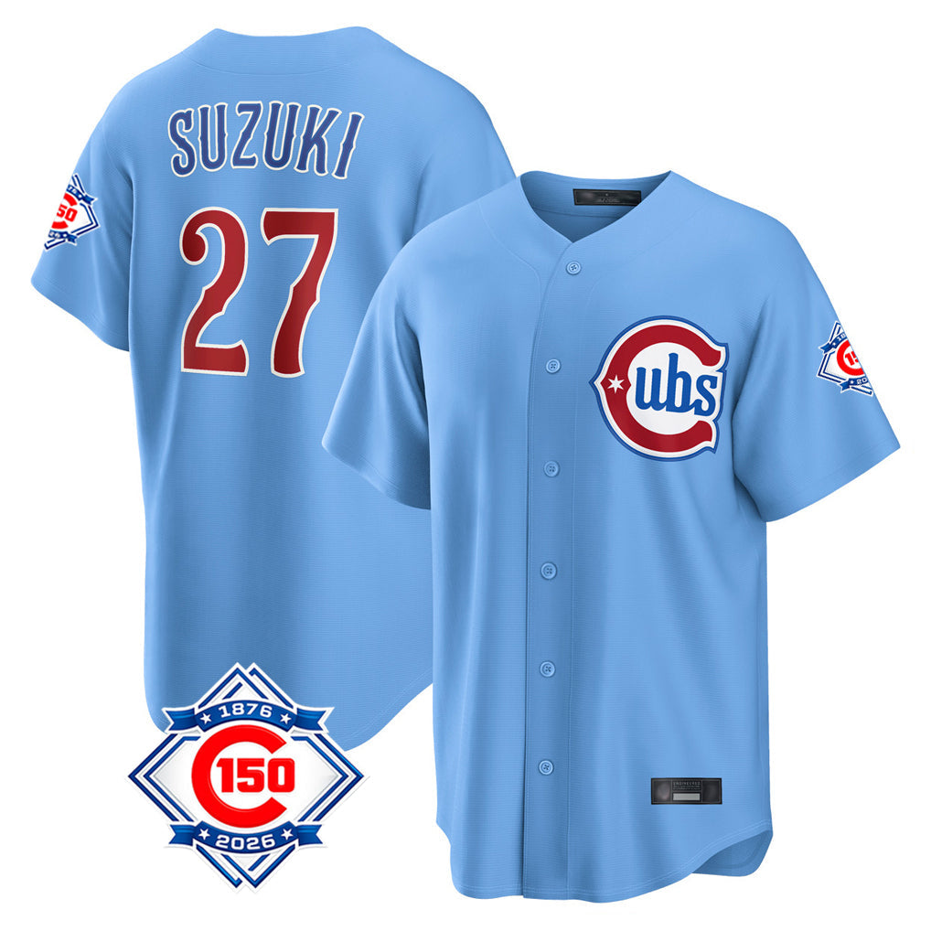 tocy C.Cubs #27 Seiya Suzuki Player Light Blue 150th Anniversary Home Game Stitched Jerseys