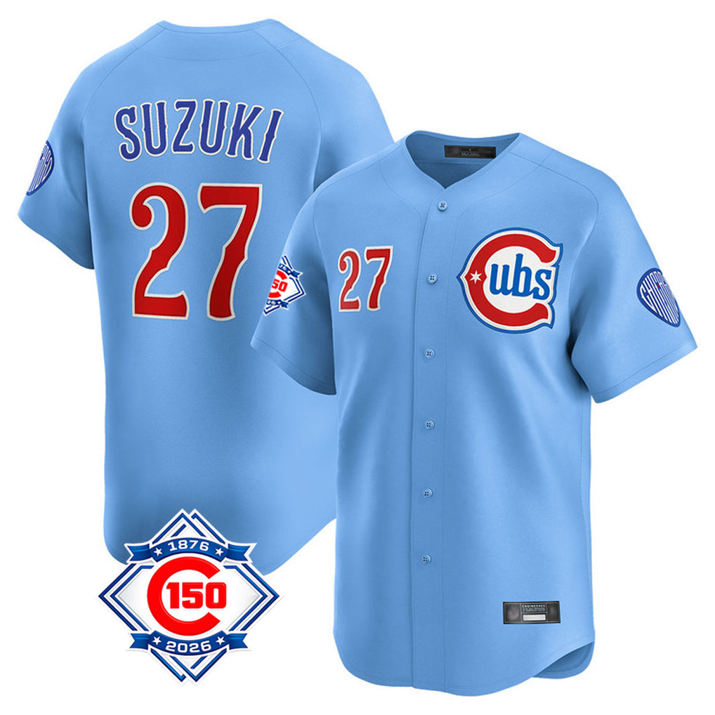 tocy C.Cubs #27 Seiya Suzuki Player Light Blue 150th Anniversary Limited Home Stitched Jerseys