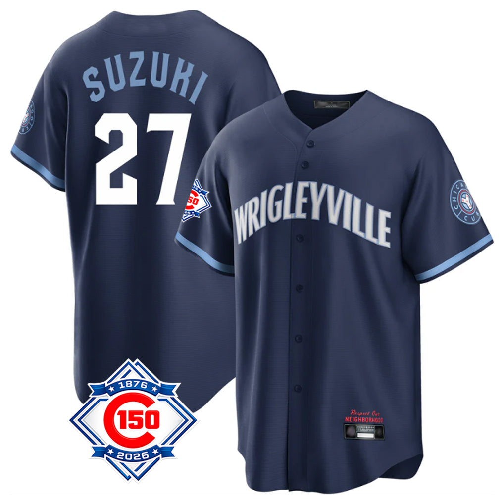 tocy C.Cubs #27 Seiya Suzuki Player Navy 150th Anniversary City Connect Home Game Stitched Jerseys