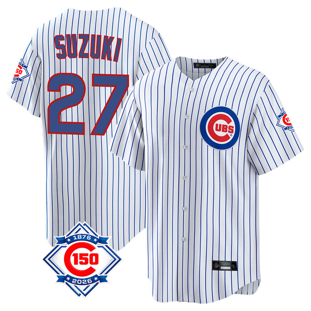 tocy C.Cubs #27 Seiya Suzuki Player White 150th Anniversary Home Game Stitched Jerseys