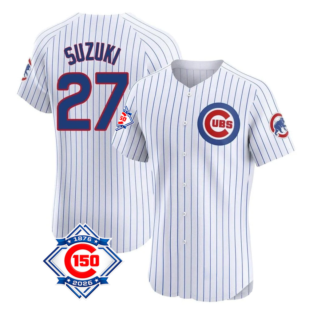 tocy C.Cubs #27 Seiya Suzuki Player White 150th Anniversary Limited Elite Home Game Stitched Jerseys