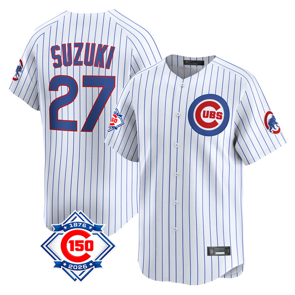 tocy C.Cubs #27 Seiya Suzuki Player White 150th Anniversary Limited Home Game Stitched Jerseys