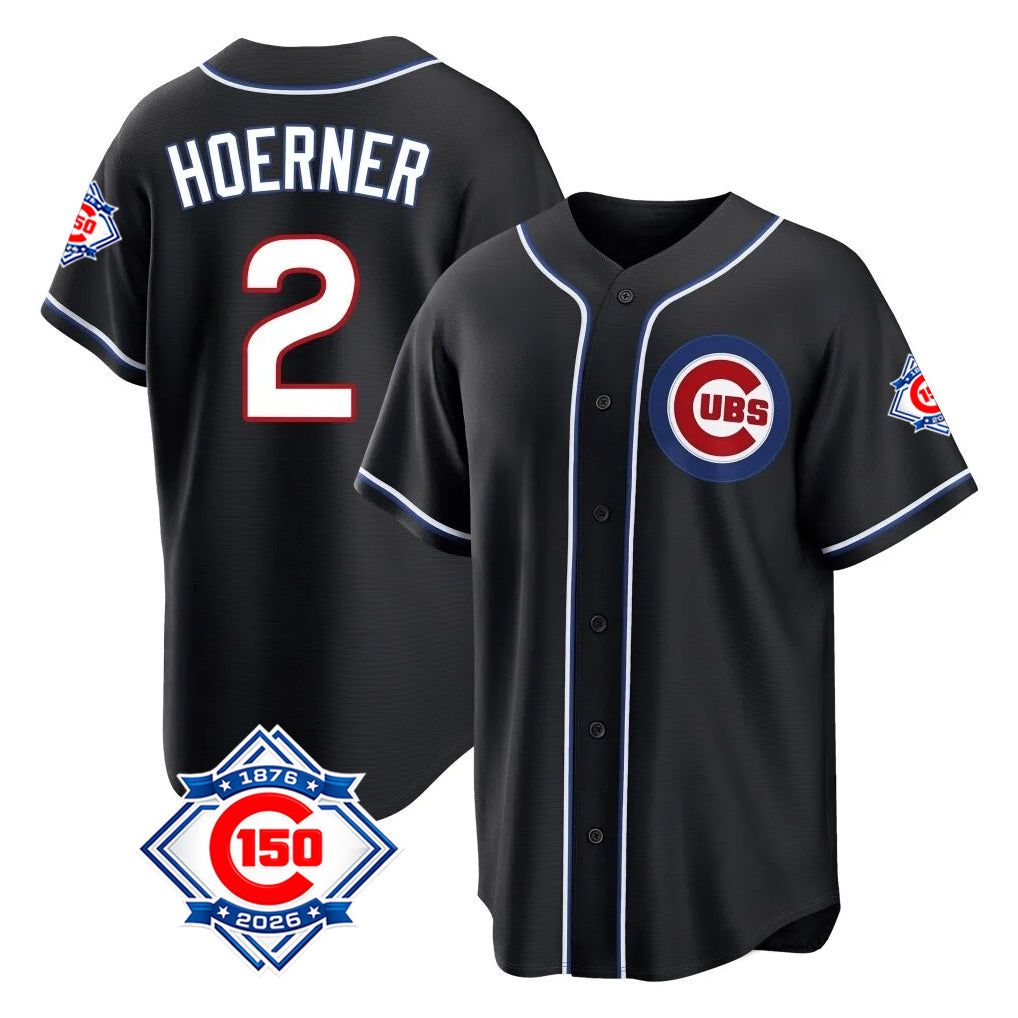 tocy C.Cubs #2 Nico Hoerner Player Black Fashion Out 150th Anniversary Game Stitched Jerseys