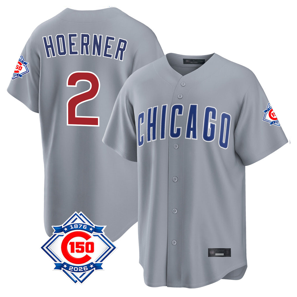 tocy C.Cubs #2 Nico Hoerner Player Gray 150th Anniversary Home Game Stitched Jerseys