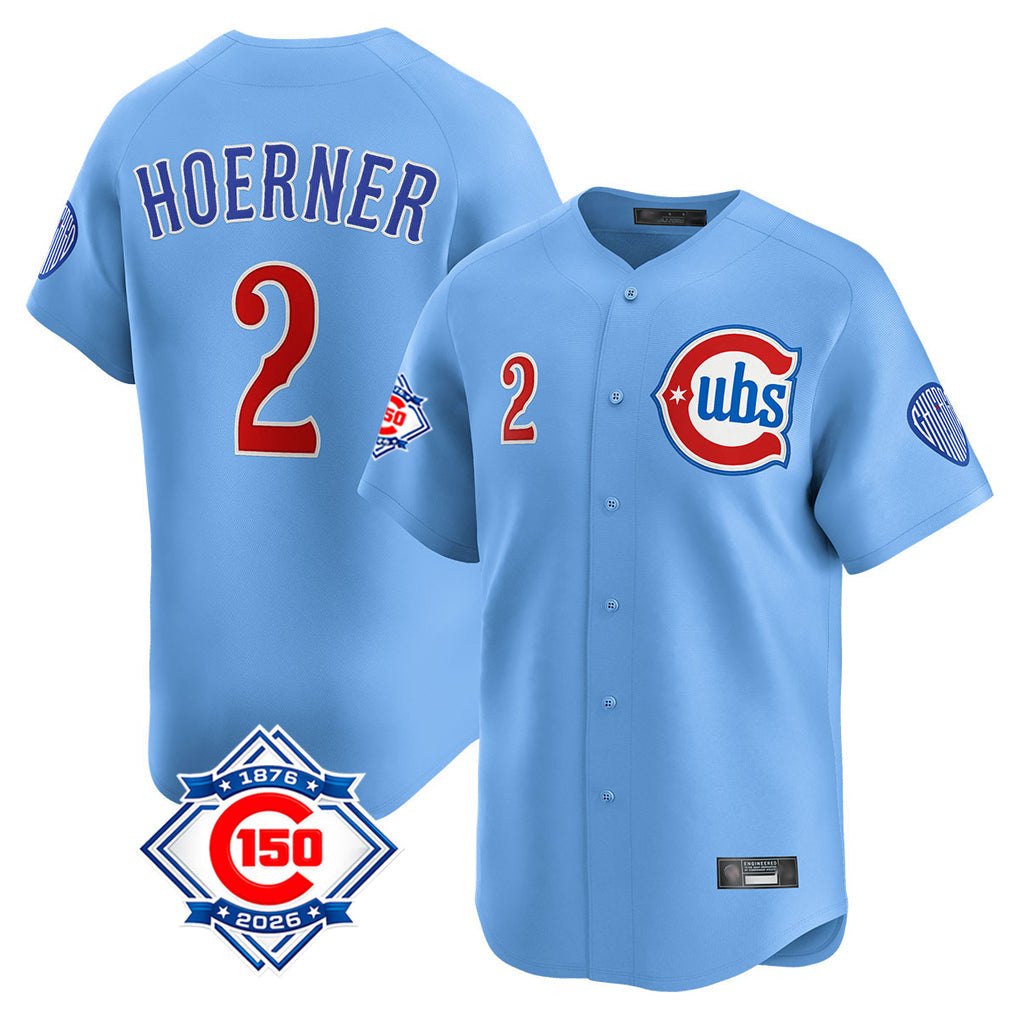 tocy C.Cubs #2 Nico Hoerner Player Light Blue 150th Anniversary Limited Home Stitched Jerseys