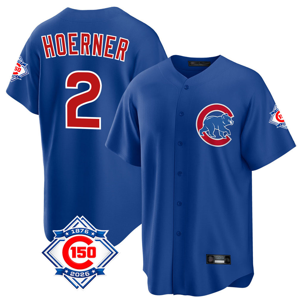 tocy C.Cubs #2 Nico Hoerner Player Royal 150th Anniversary Home Game Stitched Jerseys