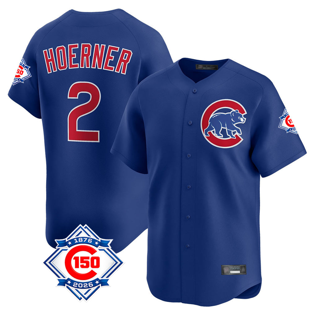 tocy C.Cubs #2 Nico Hoerner Player Royal 150th Anniversary Limited Home Stitched Jerseys