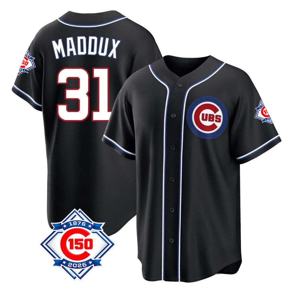 tocy C.Cubs #31 Greg Maddux Player Black Fashion Out 150th Anniversary Game Stitched Jerseys