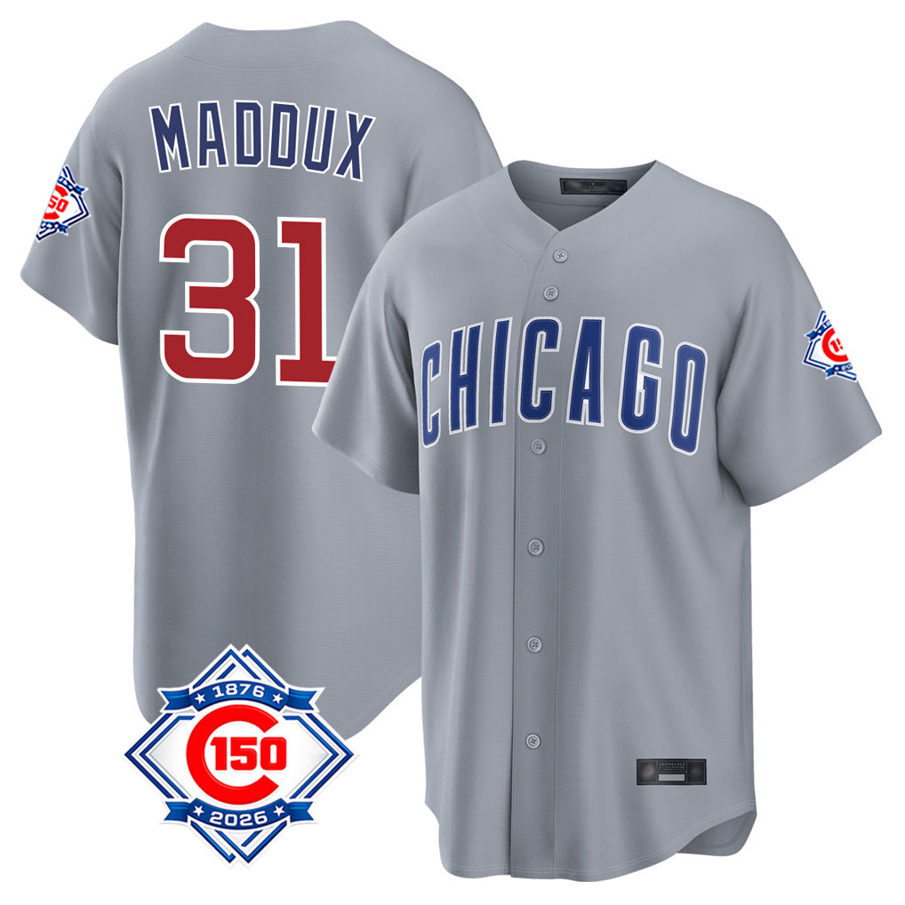 tocy C.Cubs #31 Greg Maddux Player Gray 150th Anniversary Home Game Stitched Jerseys