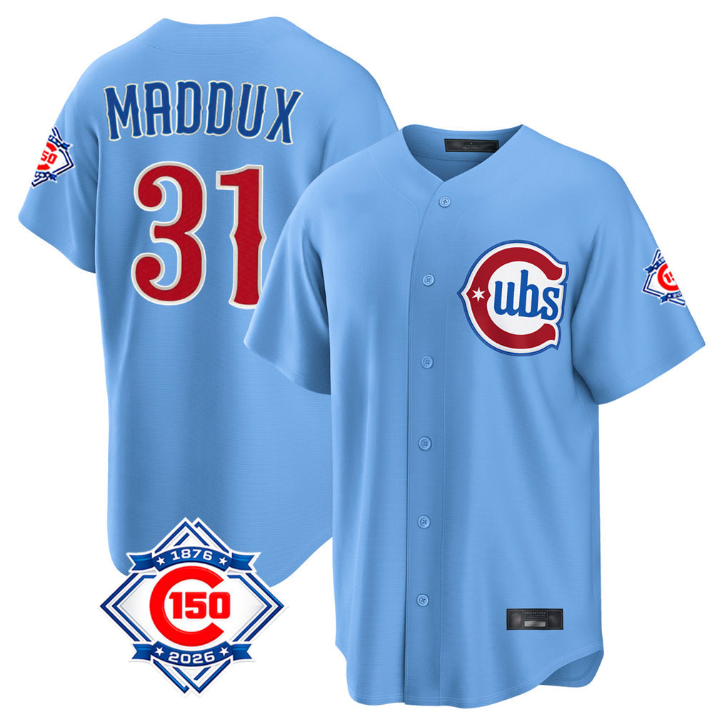 tocy C.Cubs #31 Greg Maddux Player Light Blue 150th Anniversary Home Game Stitched Jerseys