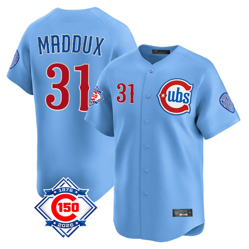 tocy C.Cubs #31 Greg Maddux Player Light Blue 150th Anniversary Limited Home Stitched Jerseys