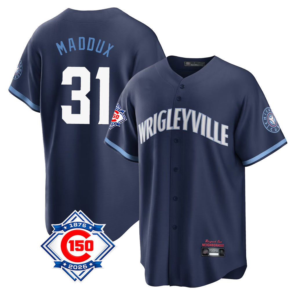 tocy C.Cubs #31 Greg Maddux Player Navy 150th Anniversary City Connect Home Game Stitched Jerseys
