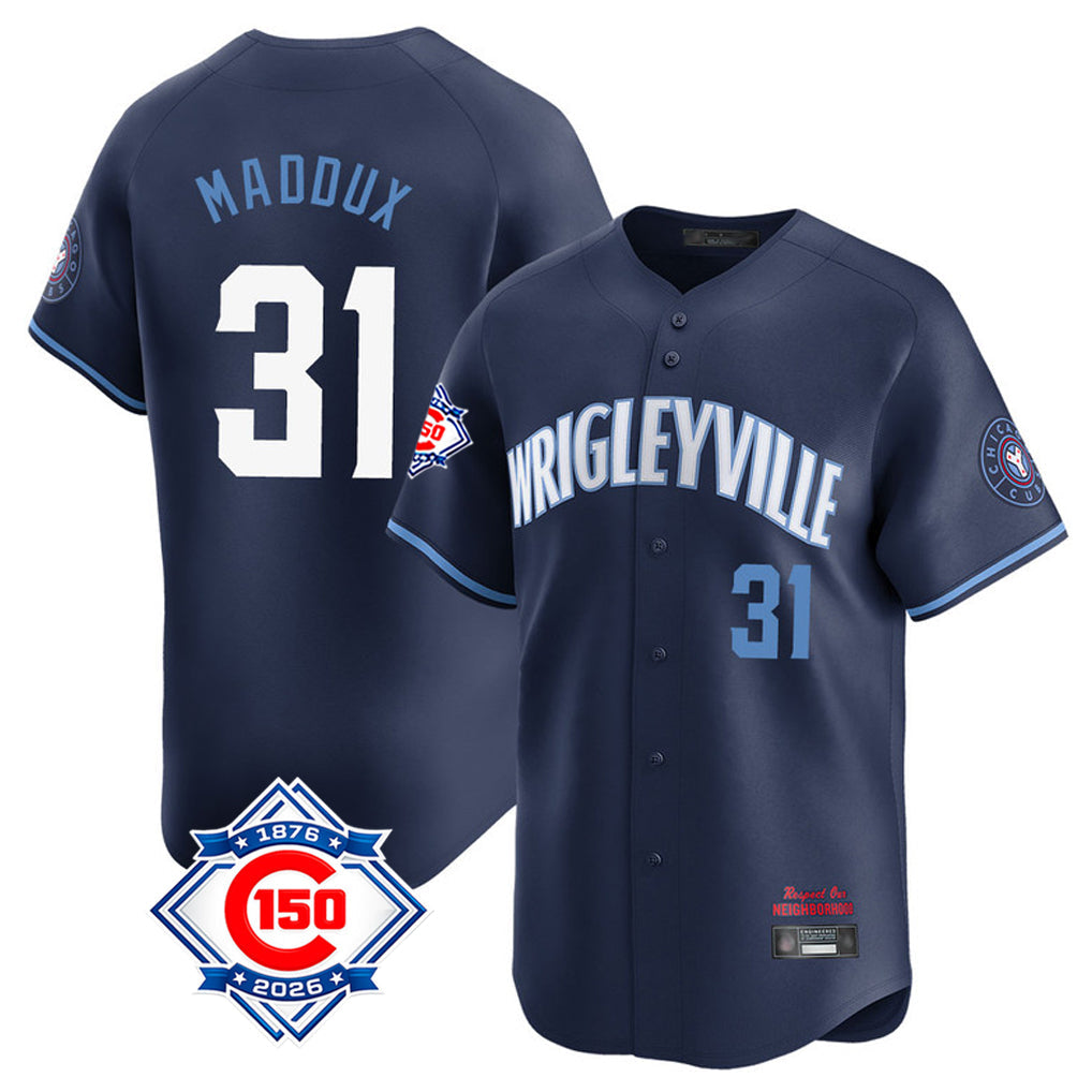 tocy C.Cubs #31 Greg Maddux Player Navy City Connect 150th Anniversary Limited Home Stitched Jerseys
