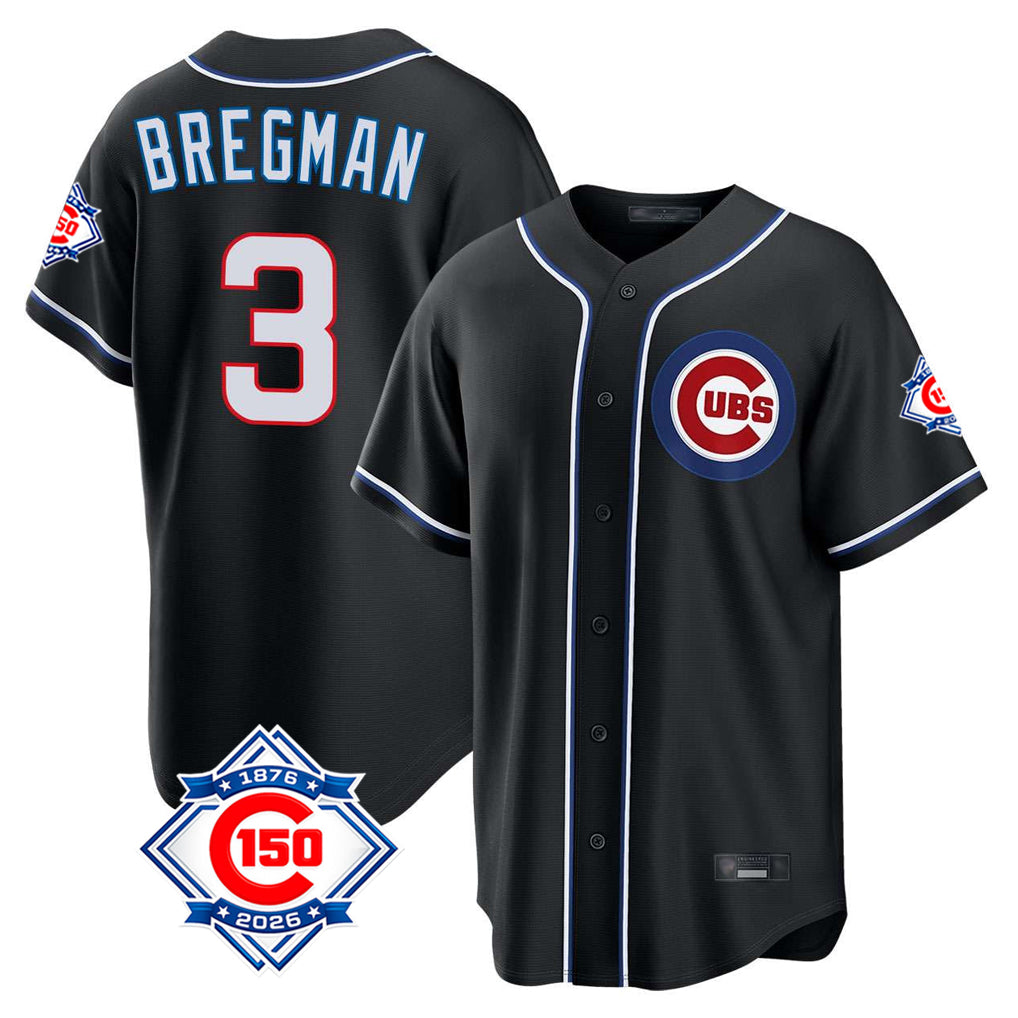 tocy C.Cubs #3 Alex Bregman Black Fashion Out 150th Anniversary Game Stitched Jerseys