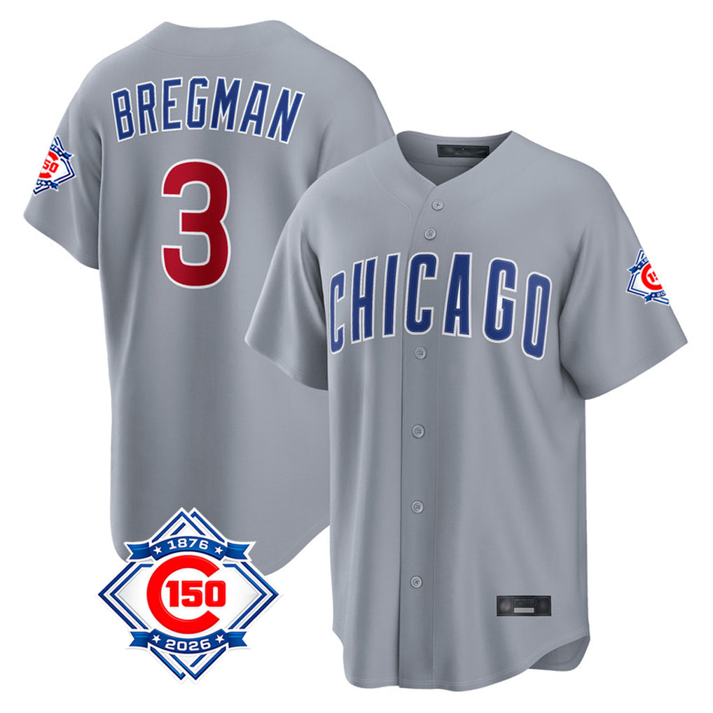 tocy C.Cubs #3 Alex Bregman Gray 150th Anniversary Home Game Stitched Jerseys