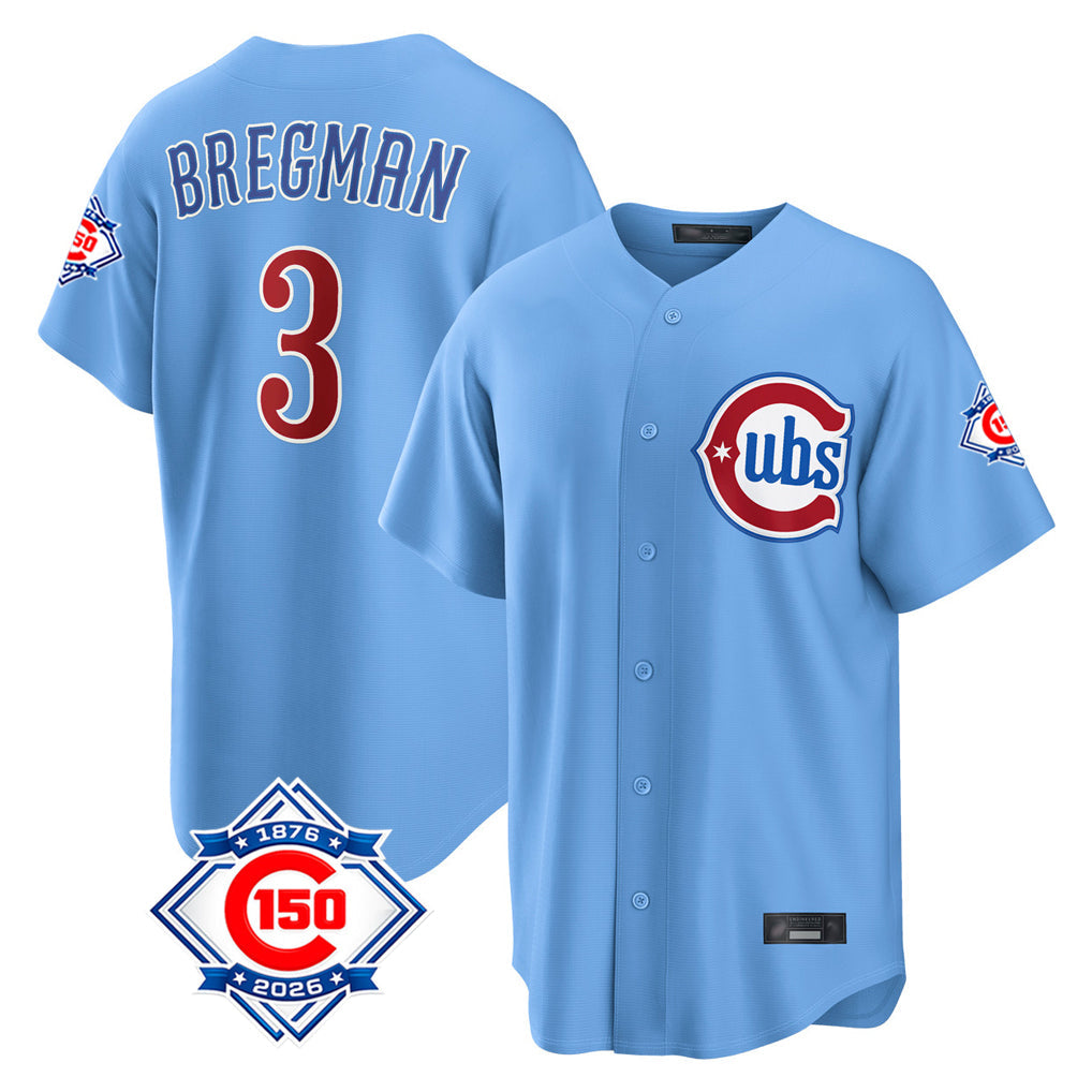 tocy C.Cubs #3 Alex Bregman Light Blue 150th Anniversary Home Game Stitched Jerseys