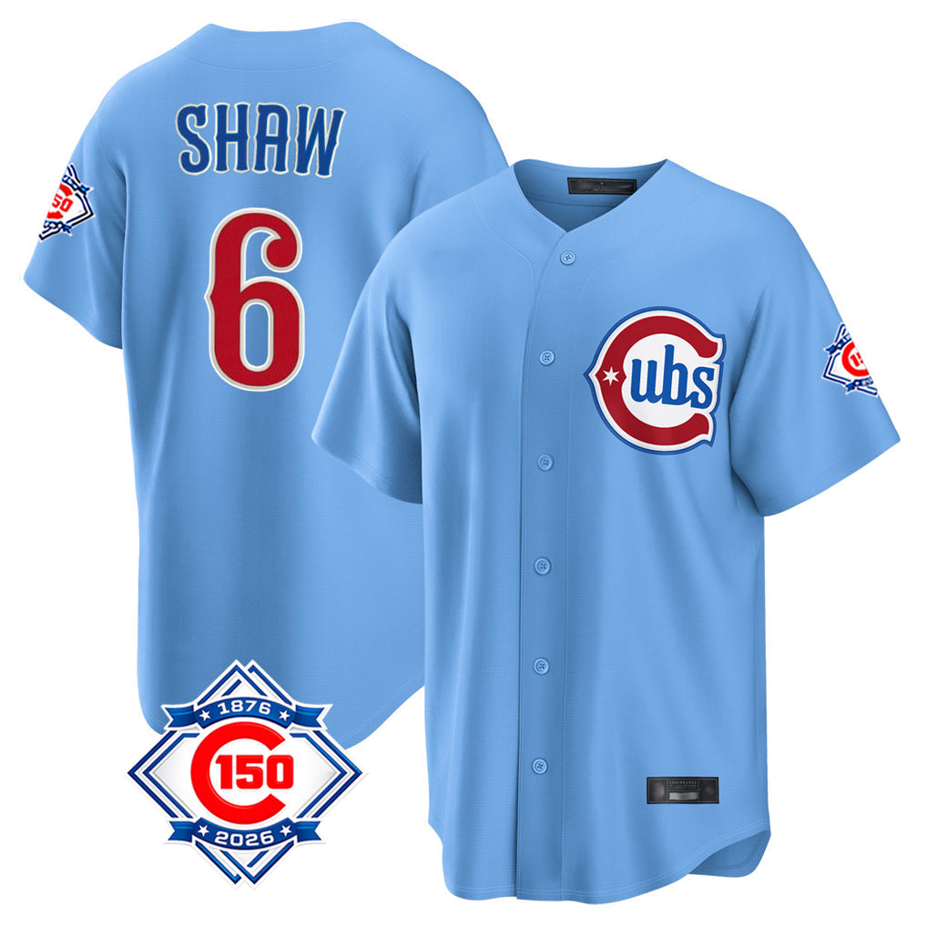 tocy C.Cubs #6 Matt Shaw Player Light Blue 150th Anniversary Home Game Stitched Jerseys