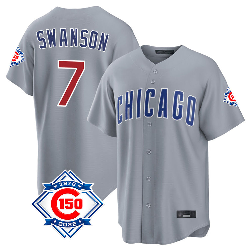 tocy C.Cubs #7 Dansby Swanson Player Gray 150th Anniversary Home Game Stitched Jerseys