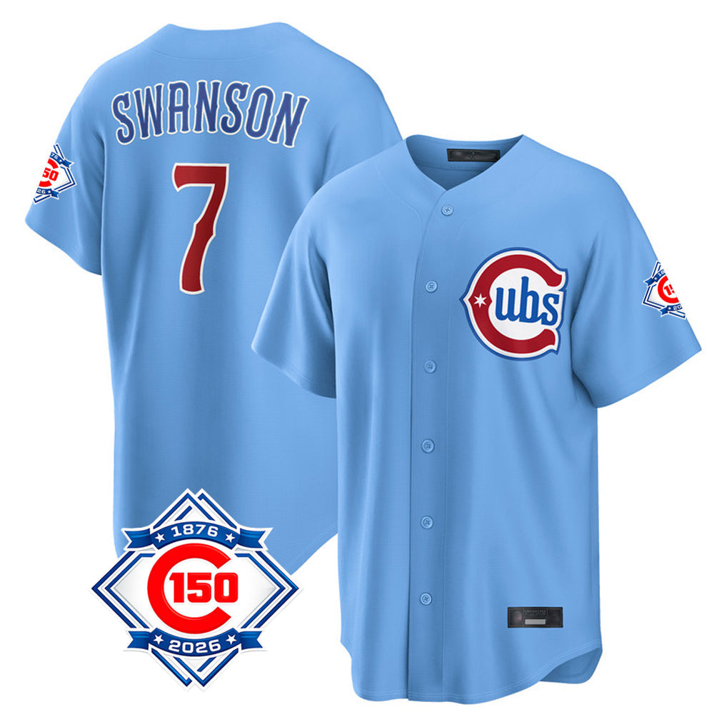 tocy C.Cubs #7 Dansby Swanson Player Light Blue 150th Anniversary Home Game Stitched Jerseys
