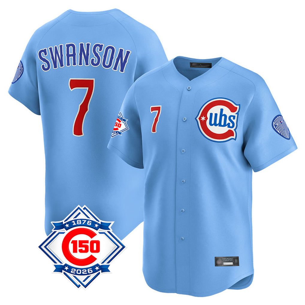 tocy C.Cubs #7 Dansby Swanson Player Light Blue 150th Anniversary Limited Home Stitched Jerseys
