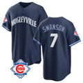tocy C.Cubs #7 Dansby Swanson Player Navy 150th Anniversary City Connect Home Game Stitched Jerseys