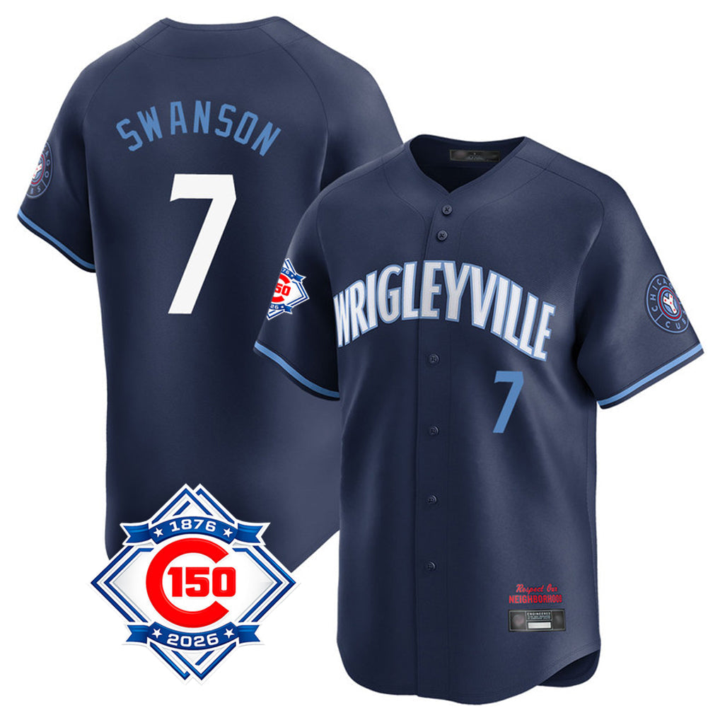 tocy C.Cubs #7 Dansby Swanson Player Navy City Connect 150th Anniversary Limited Home Stitched Jerseys