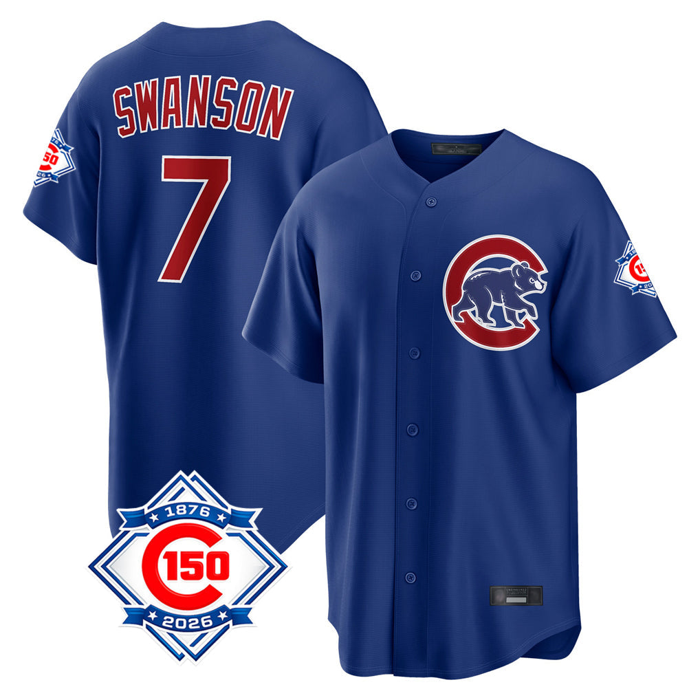 tocy C.Cubs #7 Dansby Swanson Player Royal 150th Anniversary Home Game Stitched Jerseys