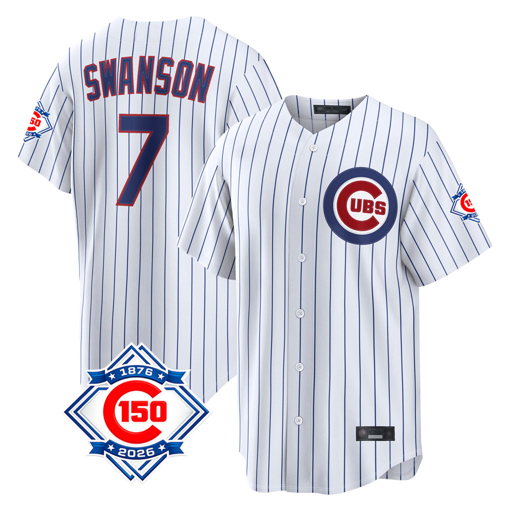tocy C.Cubs #7 Dansby Swanson Player White 150th Anniversary Game Home Stitched Jerseys