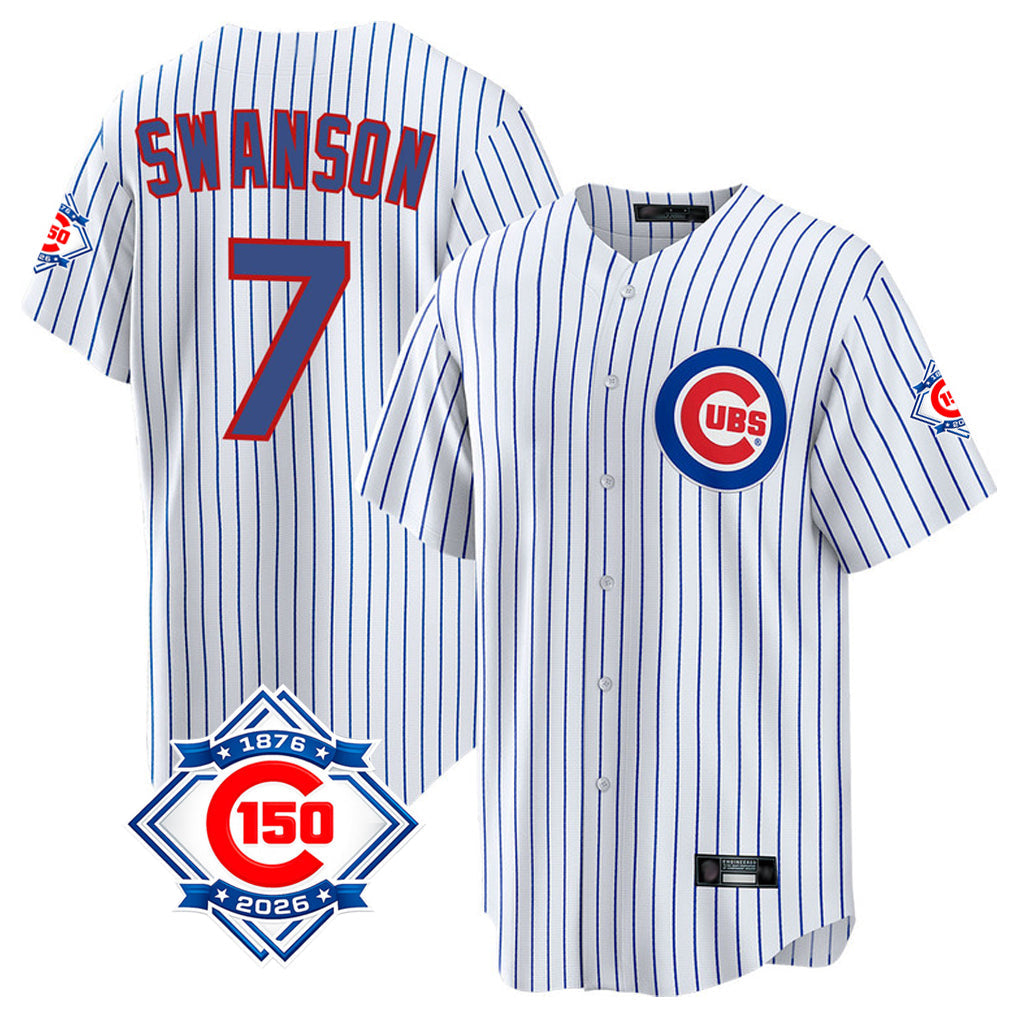 tocy C.Cubs #7 Dansby Swanson Player White 150th Anniversary Home Game Stitched Jerseys