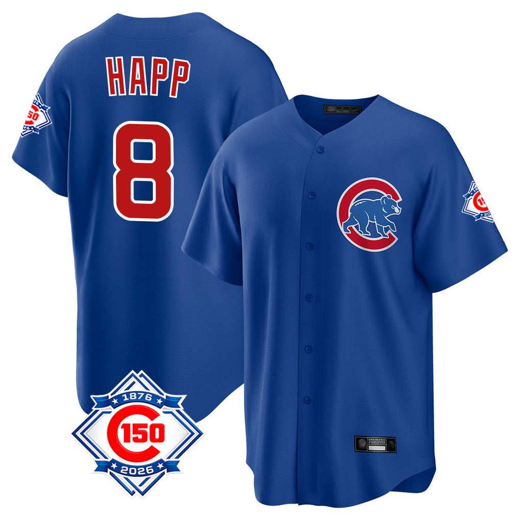 tocy C.Cubs #8 Ian Happ Player Royal 150th Anniversary Home Game Stitched Jerseys