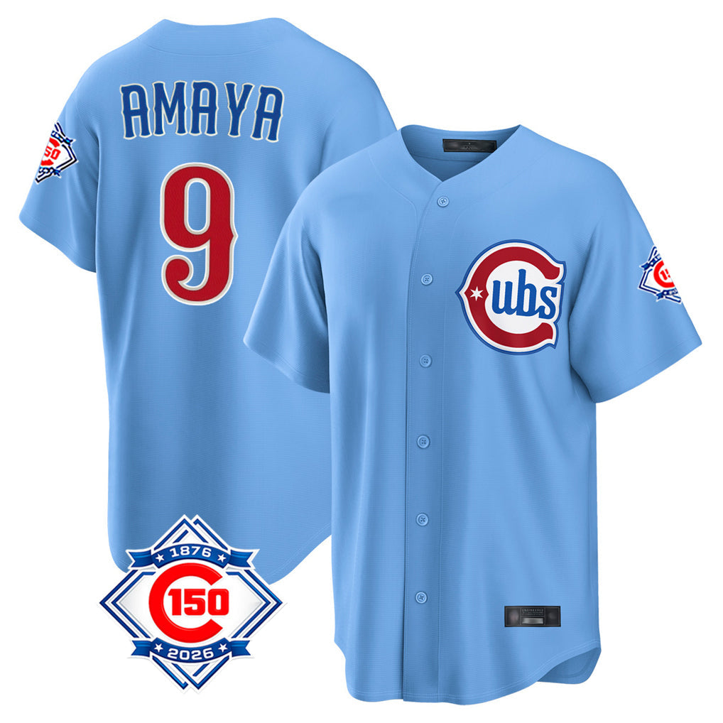 tocy C.Cubs #9 Miguel Amaya Player Light Blue 150th Anniversary Home Game Stitched Jerseys