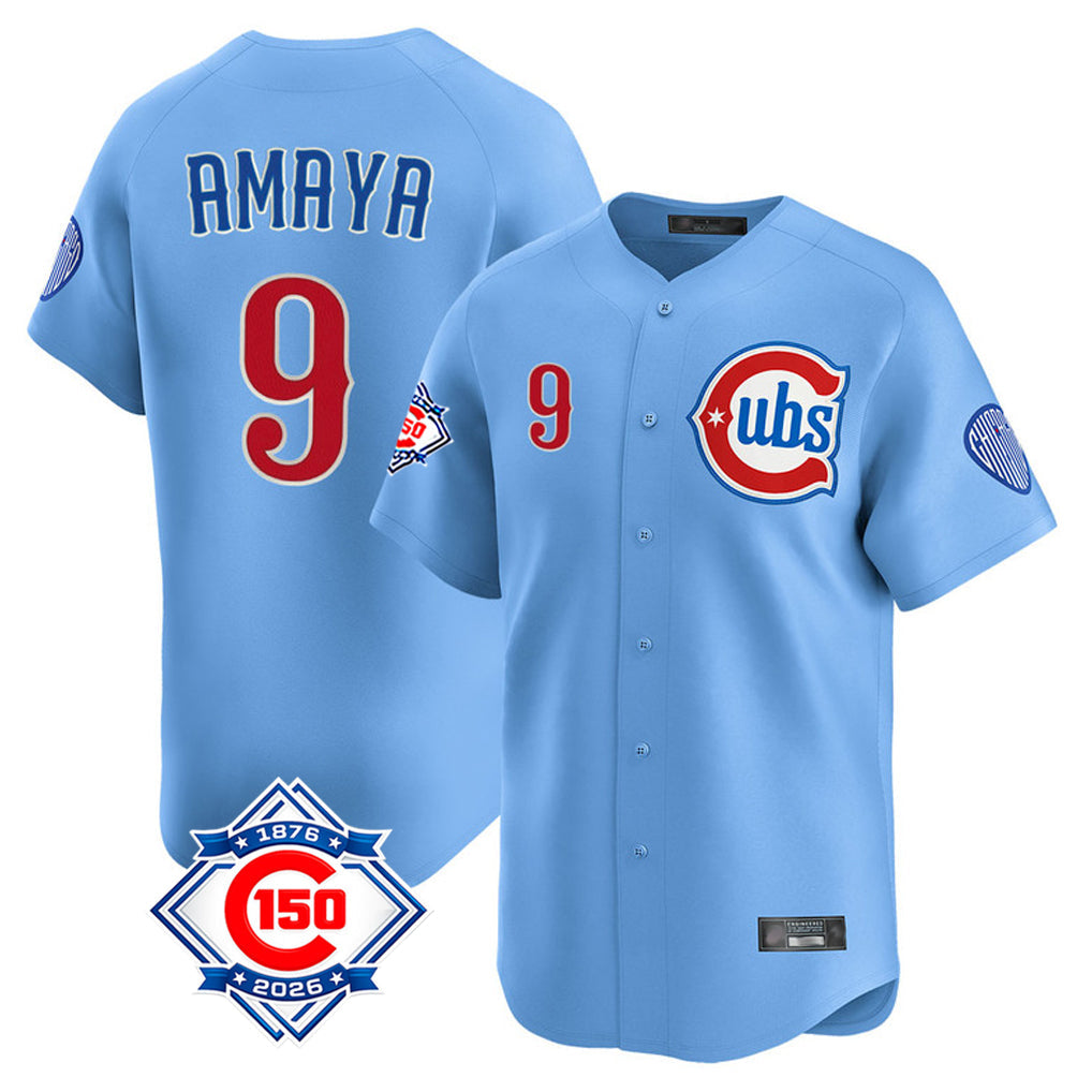 tocy C.Cubs #9 Miguel Amaya Player Light Blue 150th Anniversary Limited Home Stitched Jerseys