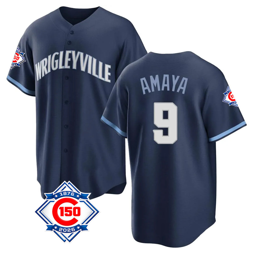 tocy C.Cubs #9 Miguel Amaya Player Navy 150th Anniversary City Connect Home Game Stitched Jerseys