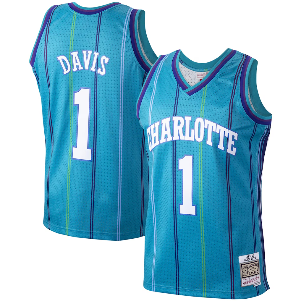 tocy C.Hornets #1 Baron Davis Mitchell & Ness Teal 199900 Hardwood Classics Swingman Jerseys