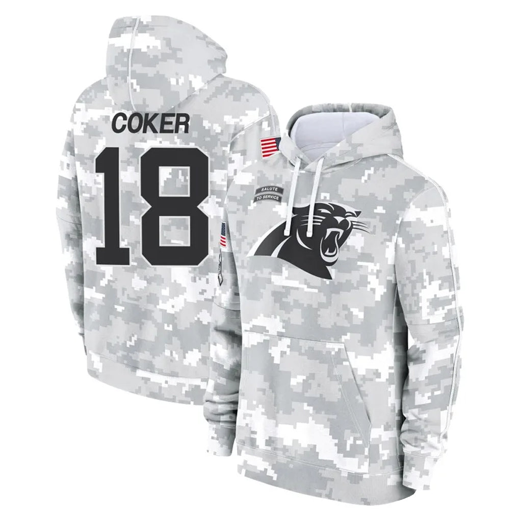 tocy C.Panthers #18 Jalen Coker Player Arctic Camo Salute to Service Pullover Hoodies Limited Game Stitched Jerseys