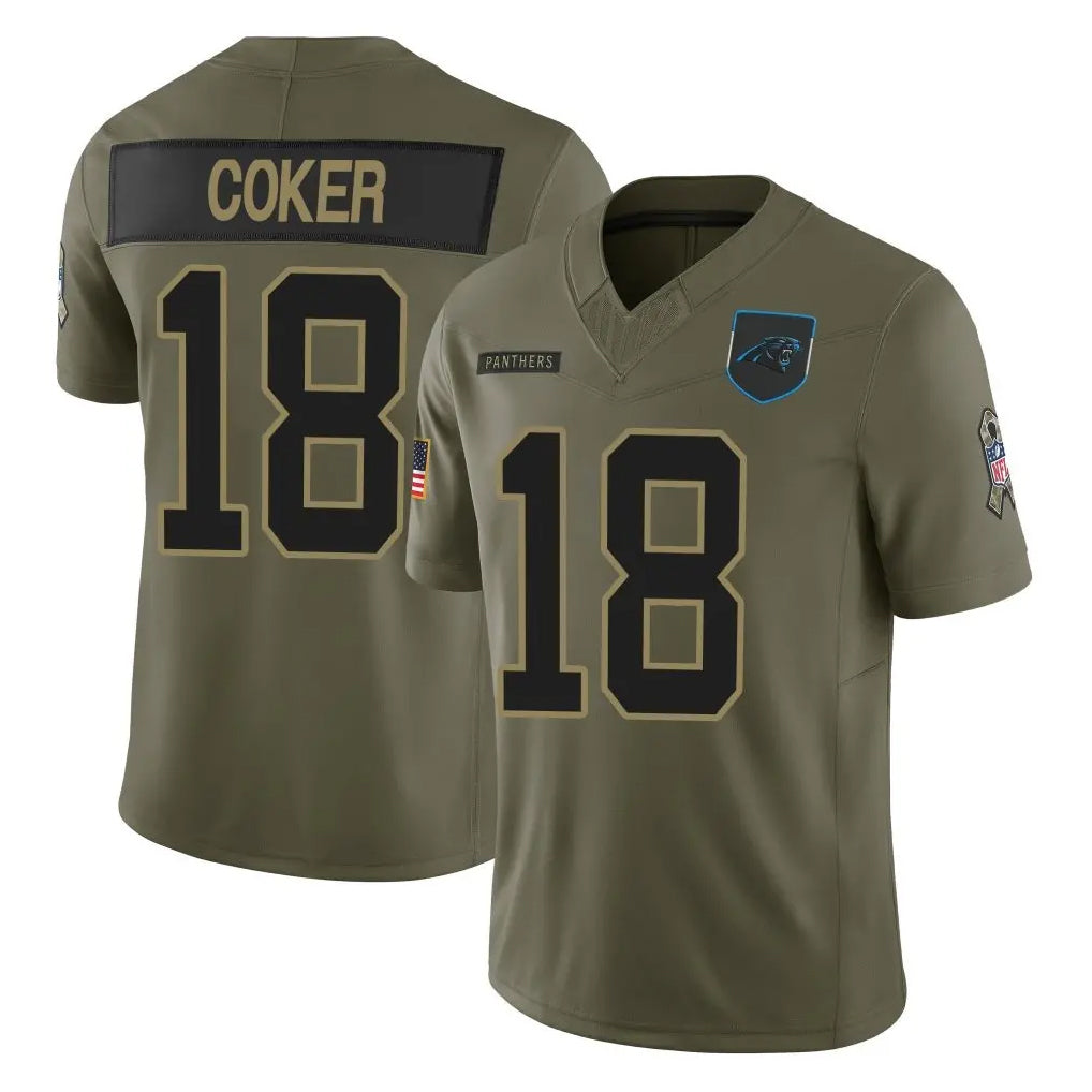 tocy C.Panthers #18 Jalen Coker Player Olive Salute to Service Limited Home Game Stitched Jerseys